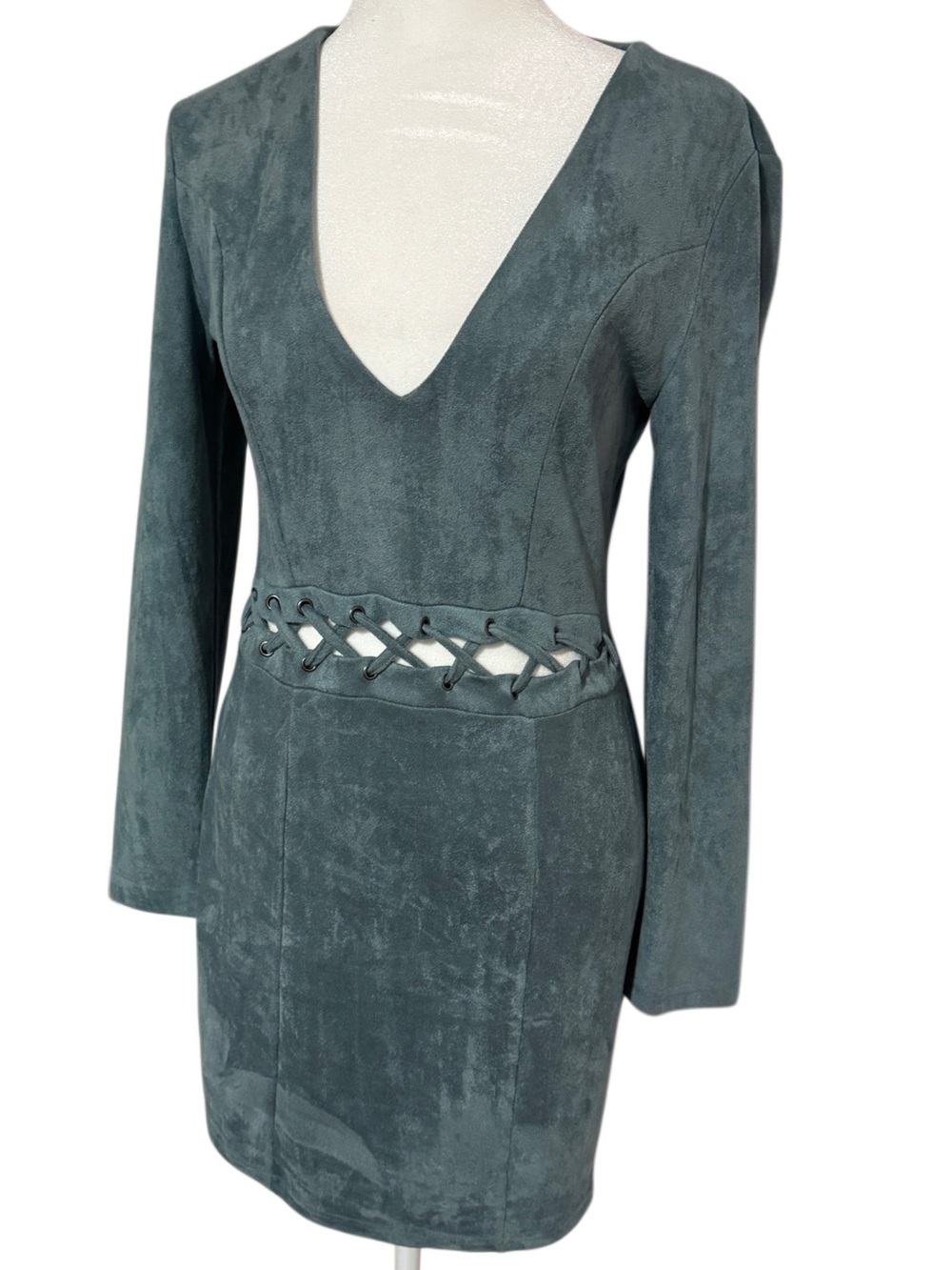 Y2K Charlotte Russe Suede Mini Dress Long Sleeve Lace Up Waist Small